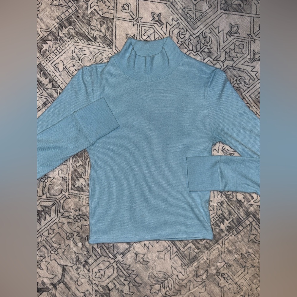 AMERICAN EAGLE WOMEN BLUE LONG-SLEEVE CROPPED HEY BABY MOCK NECK TEE